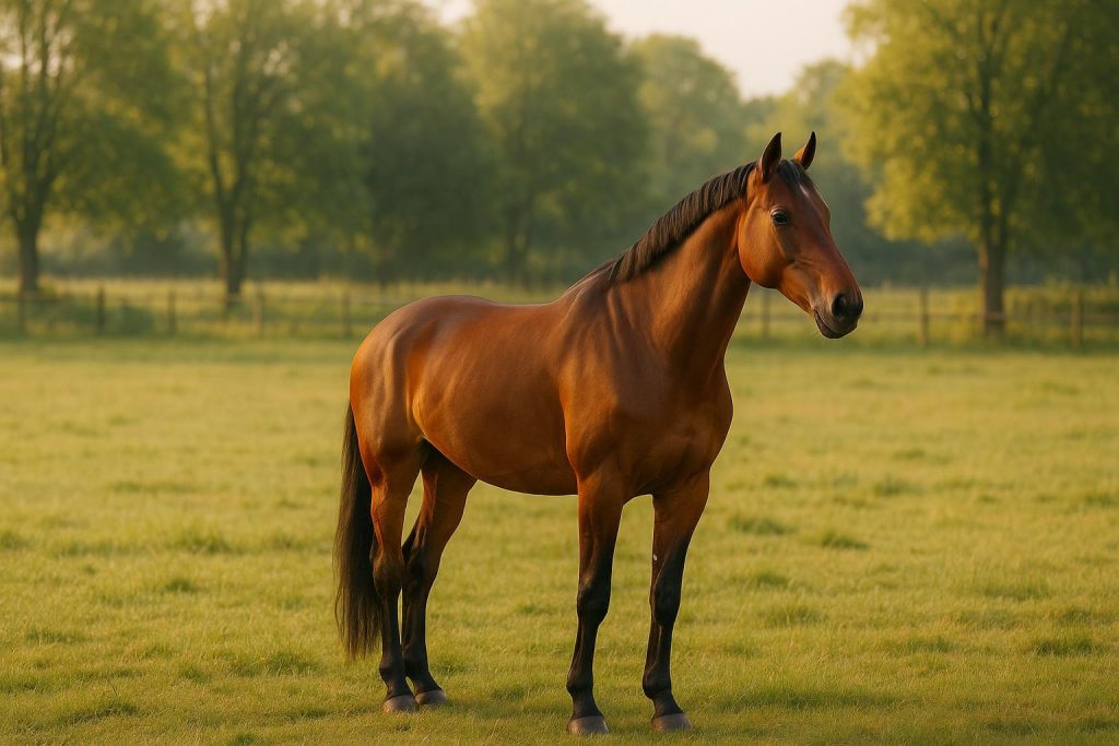 Sport horse in a quiet pasture, relevant for sport horse diets.