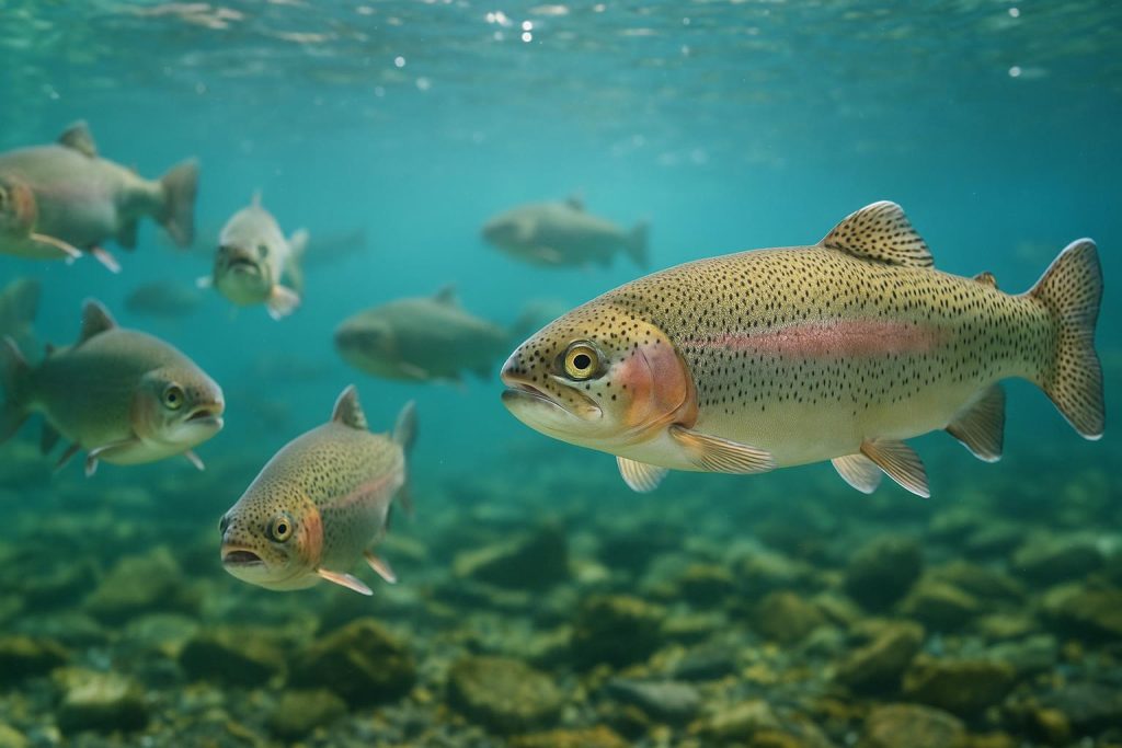 Group of fish in a clear aquaculture tank demonstrating Omega-3 synergy in a controlled environment.