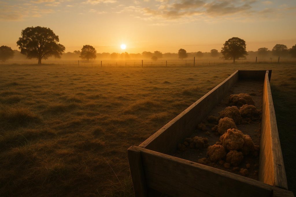 Wooden feed trough on farmland with spoiled feed lumps, illustrating feed supplement pitfalls.