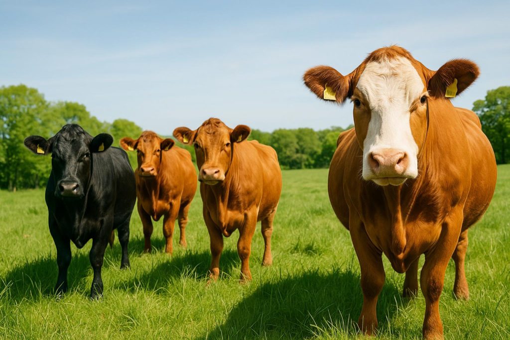 Group of healthy cattle feeding on a protein-rich feed supplement in a green pasture.