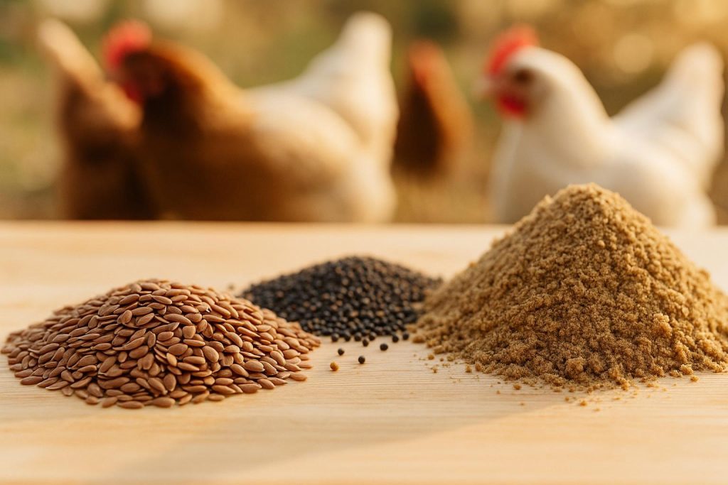 Flaxseeds and fish meal in a poultry setting for omega 3 chicken feed.