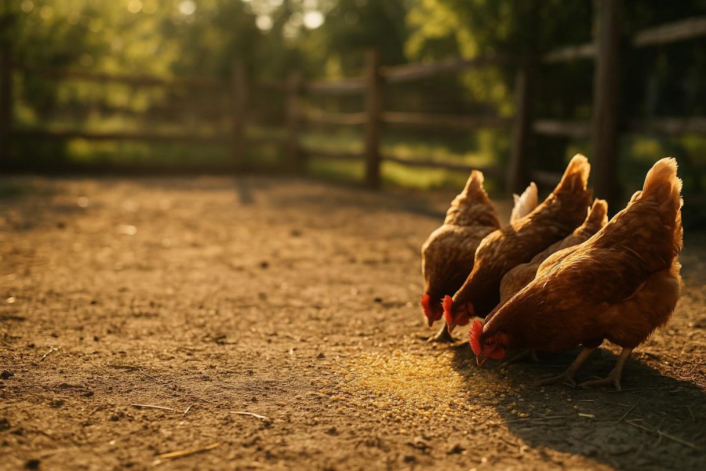 Free-range chickens pecking feed in a sunlit yard, symbolizing omega 3 chicken feed benefits.