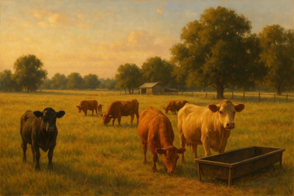 Healthy cattle near a feed trough highlighting feed supplement considerations.