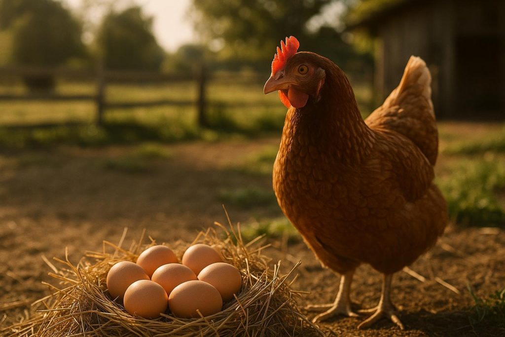 Close-up of a free-range hen and nest with brown eggs, reflecting how environment and Omega-3 feed affect egg production.