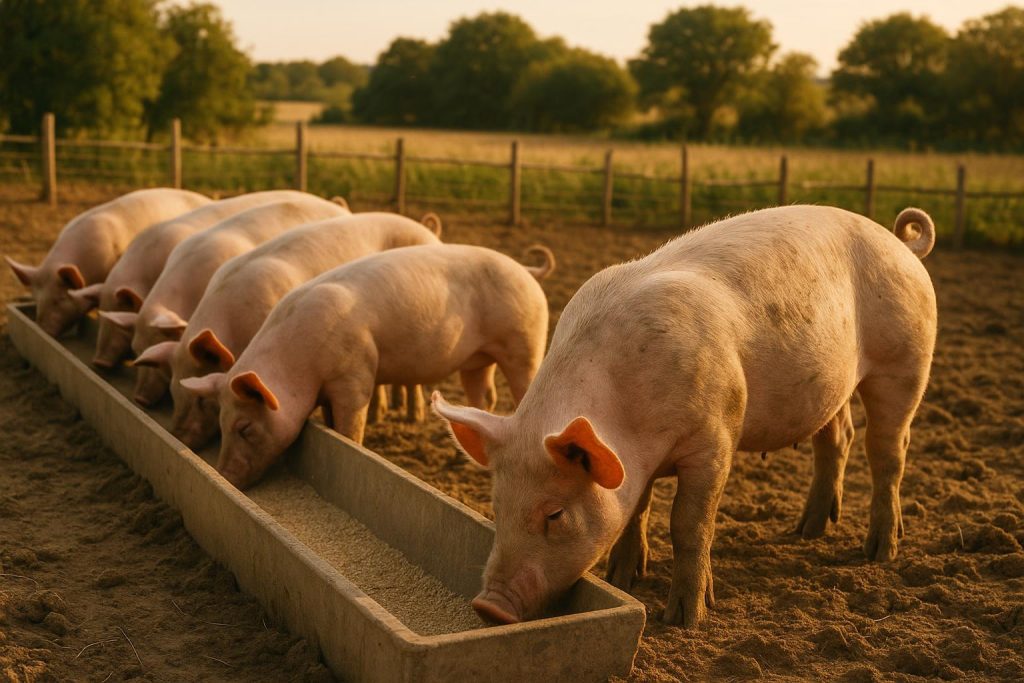 Finishing pigs in an outdoor pen, showcasing ways to reduce feed waste in a finishing pig plan.
