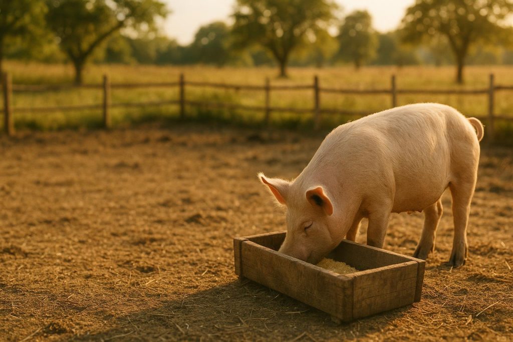 A pig feeding on monogastric feed, illustrating differences from ruminant feed for animal feed additives.
