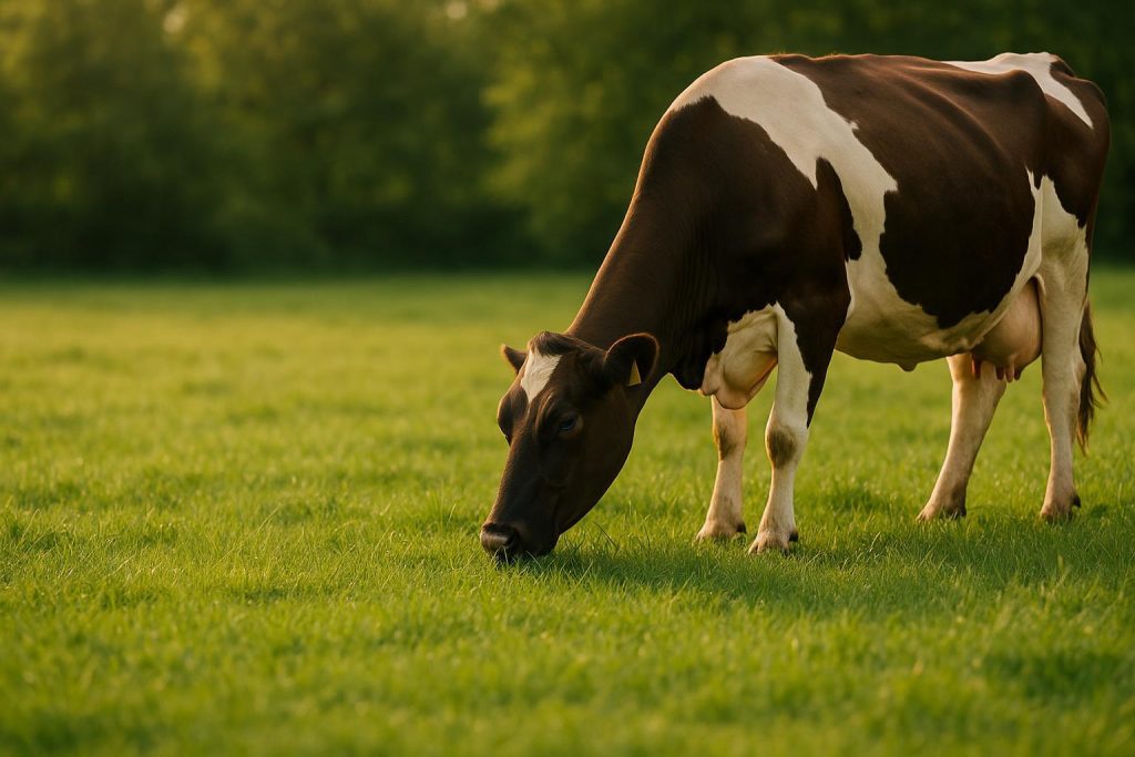 Dairy cow in green pasture illustrating improvements in milk quality in ruminants.