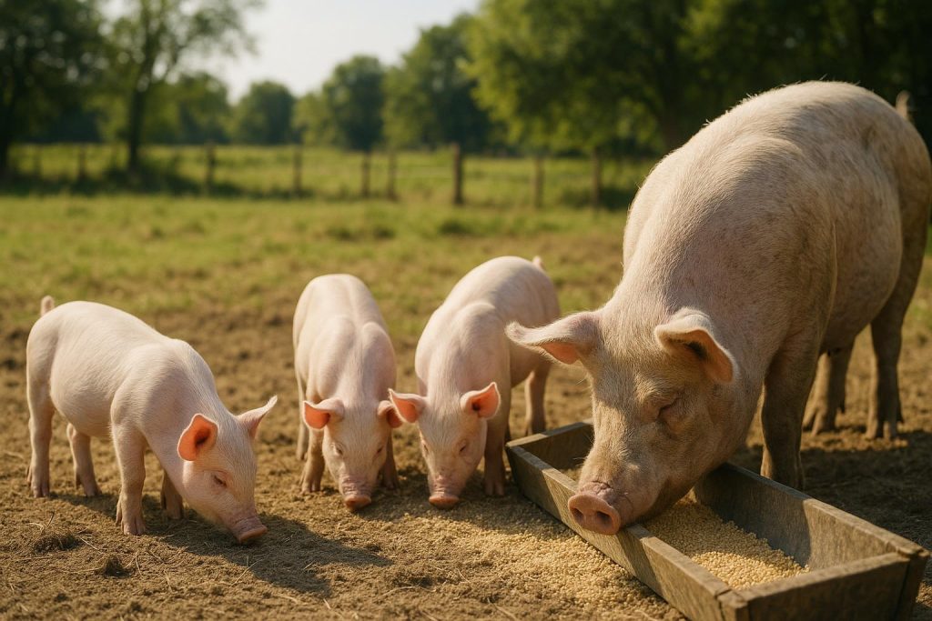 Monogastric pigs eating on a farm, illustrating animal feed additives’ role in improved growth.