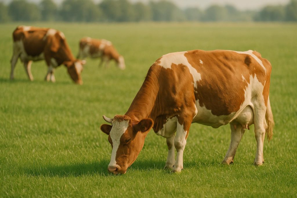 Cows grazing with feed additives supporting rumen health and fermentation efficiency.