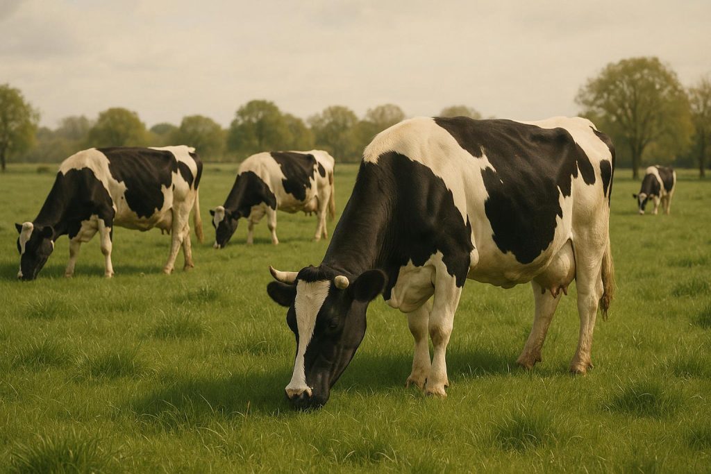 Dairy cows grazing to illustrate how rumen buffering agents improve feed efficiency.