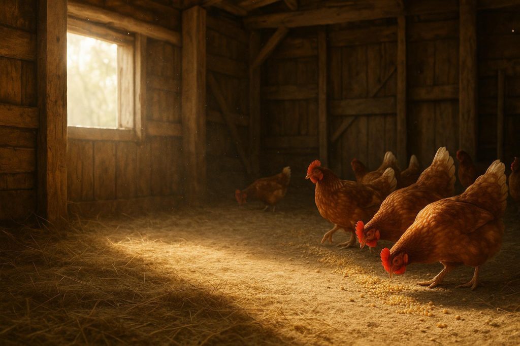 Layer hens feeding on a natural protein supplement in a sunlit barn.