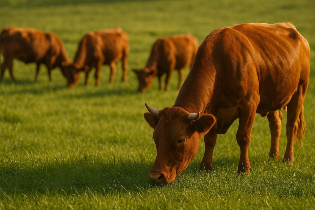Healthy cattle grazing on lush pasture, illustrating protein supplement use.