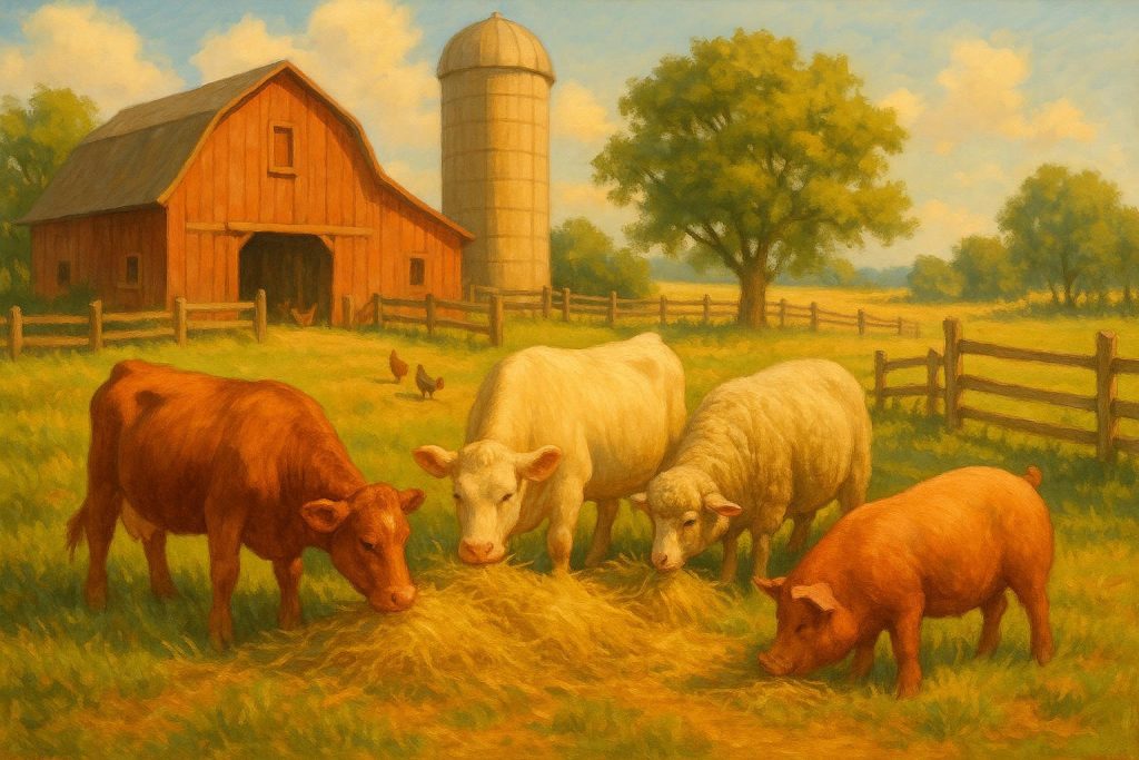 Healthy livestock on a lush pasture with Omega-3 protein supplement.