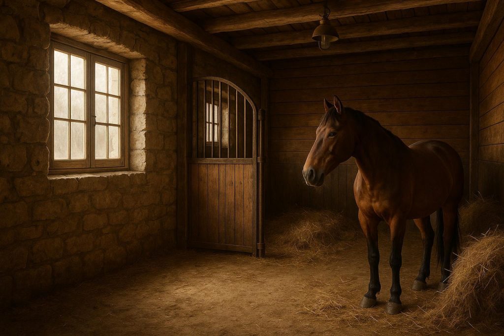 Brown horse in stable with feed, highlighting protein supplement and fiber balance for an equine diet.