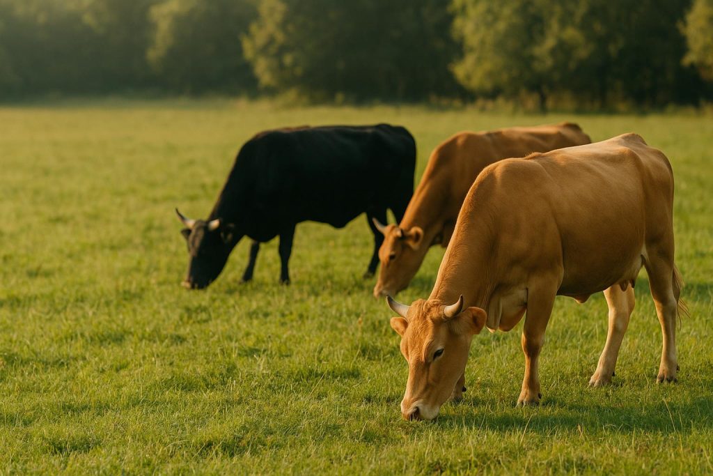 Healthy cattle grazing on bright pasture, highlighting Omega-3 benefits in ruminant diets.
