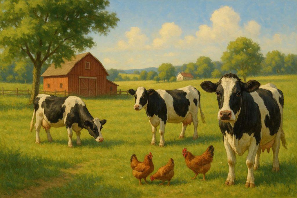 Monogastric and ruminant animals on a farm illustrating protein supplement benefits.