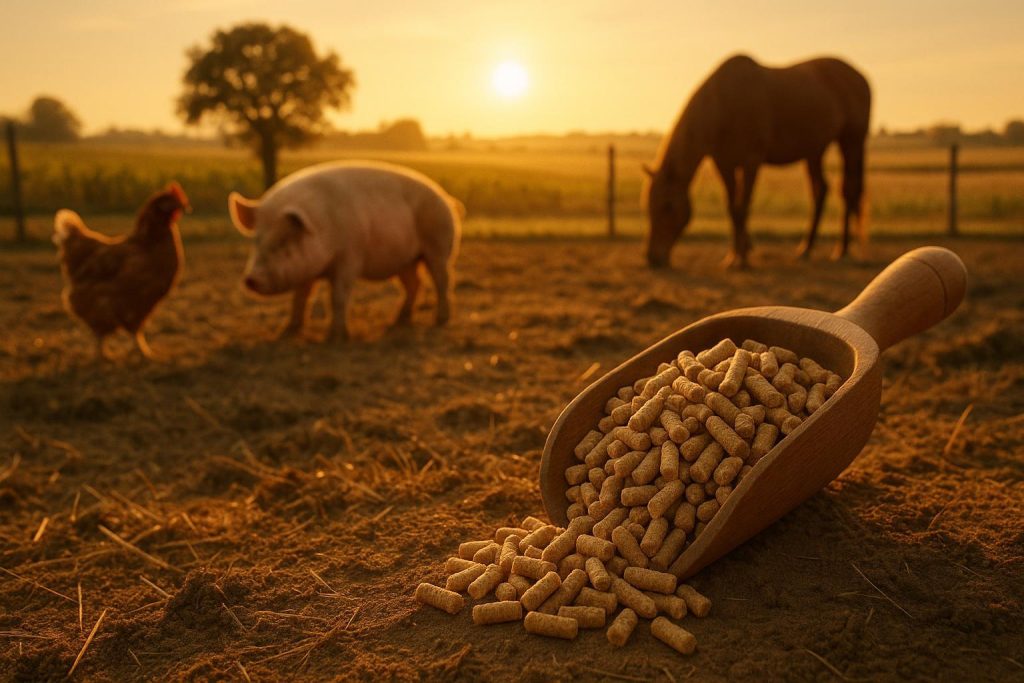 Scoop of all-natural protein supplement feed pellets on farmland, with monogastric animals in the background