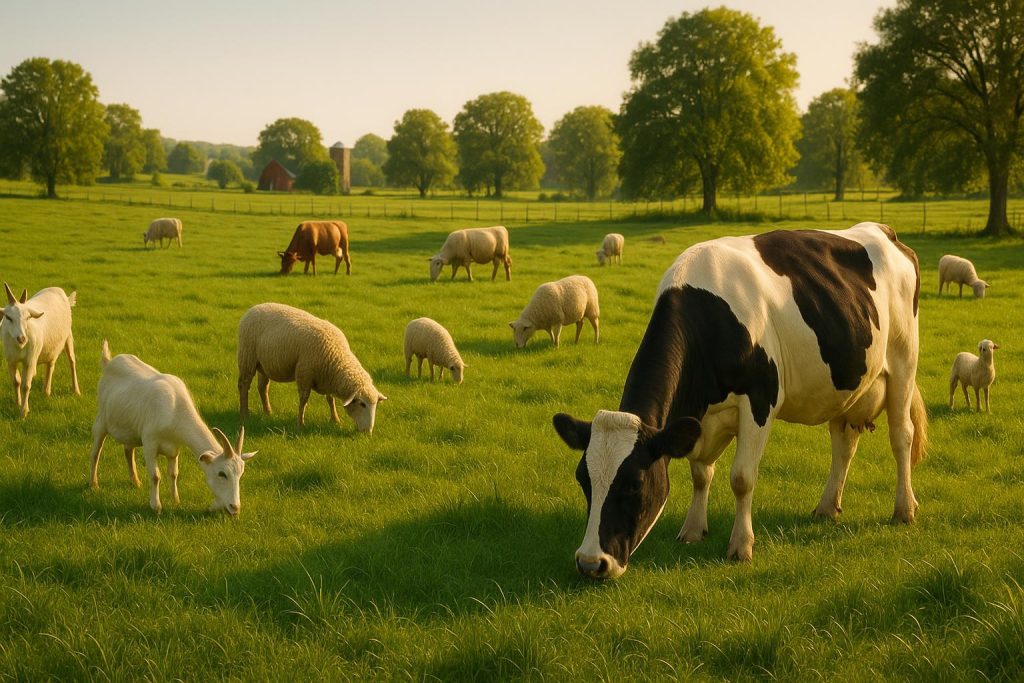 Multiple farm animals in a sunny pasture, showcasing all-natural feed for diverse livestock.