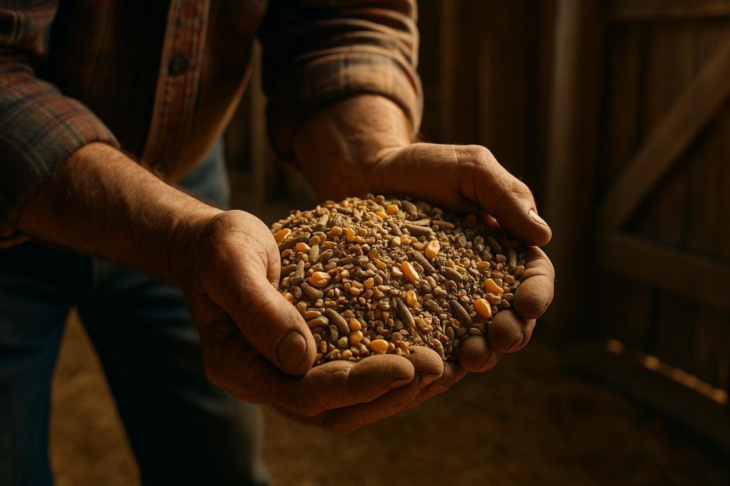 Farmer holding an all-natural feed supplement, demonstrating high quality.