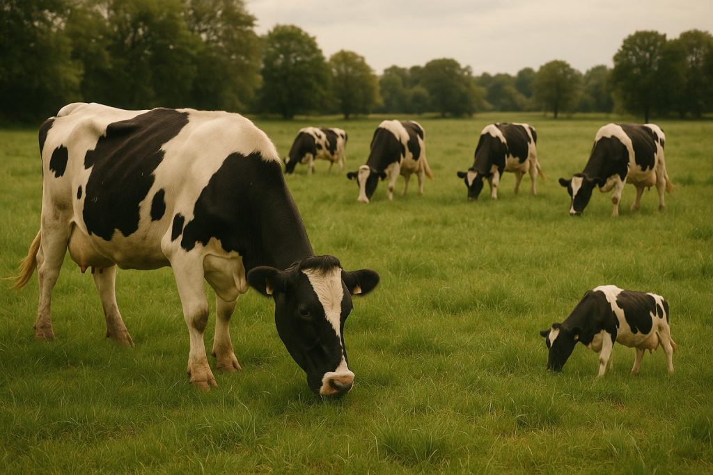 Dairy cows grazing freely in a green pasture, illustrating factors that influence ruminant protein digestibility.