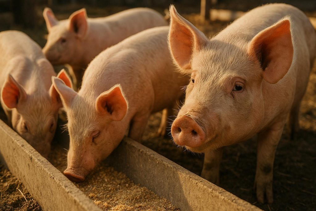 Farm pigs feeding on a protein supplement with Omega-3 for better swine performance