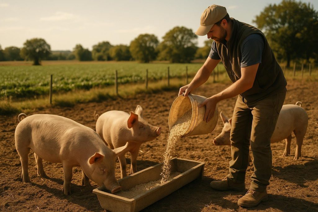 Farm caretaker feeding pigs a protein supplement for better digestibility.