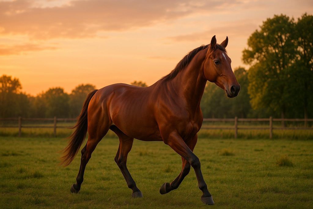 Chestnut sport horse in a grassy field, representing a balanced fat-protein intake for sport horse diets.