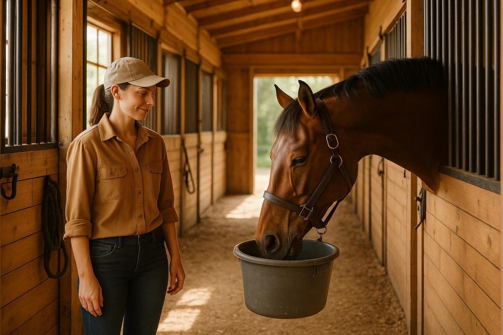 Horse gently being fed new feed in a stable, illustrating safe steps to transition horse feed.