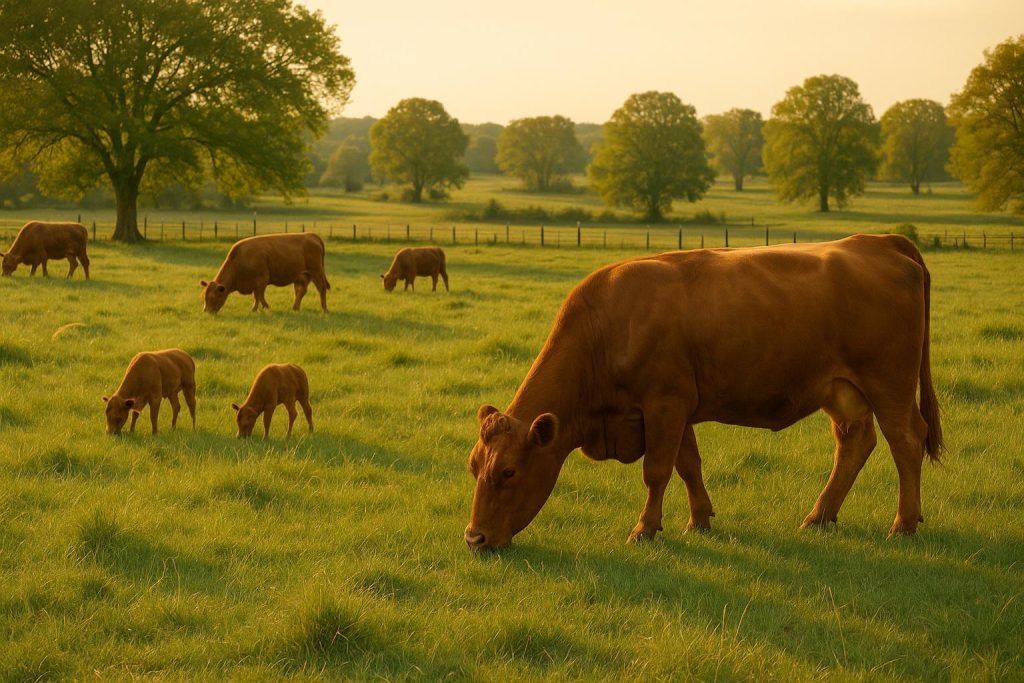 Healthy cows grazing in a lush pasture for rumen microflora support.