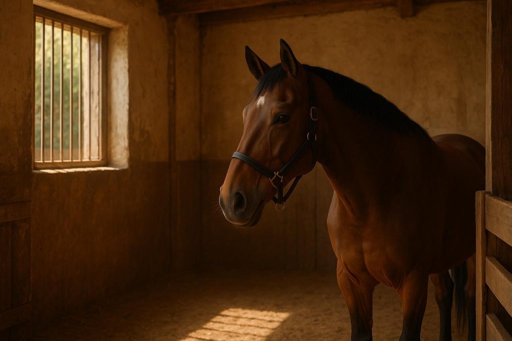 Bay horse in a stable, reflecting sport horse diets and potential protein needs.