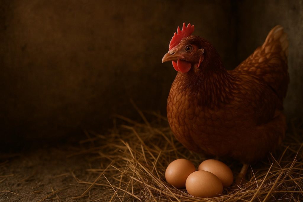 Healthy hen with fresh eggs, illustrating how all-natural poultry supplements promote stronger eggshells.