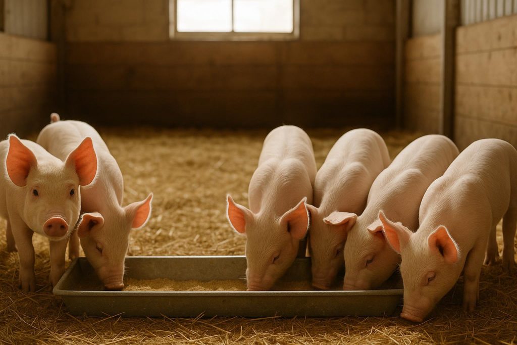 Newly weaned piglets feeding in a bright barn, highlighting a weaner feed strategy.