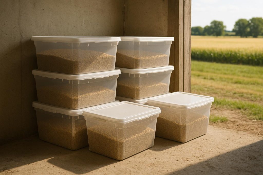 Sealed probiotic feed additives in a clean, dry storage space.