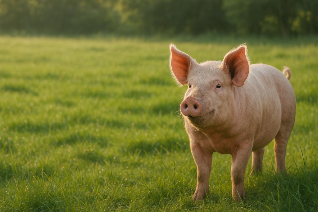 Healthy pig on a sunlit farm, illustrating the anti-inflammatory impact of omega-3 supplementation.