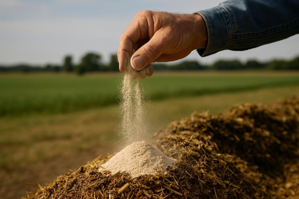 Dust-reducing animal feed supplement being added to livestock ration.