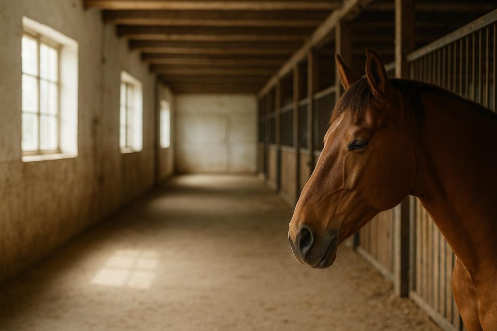 A horse in a stable, illustrating horse digestion support during feed transition.