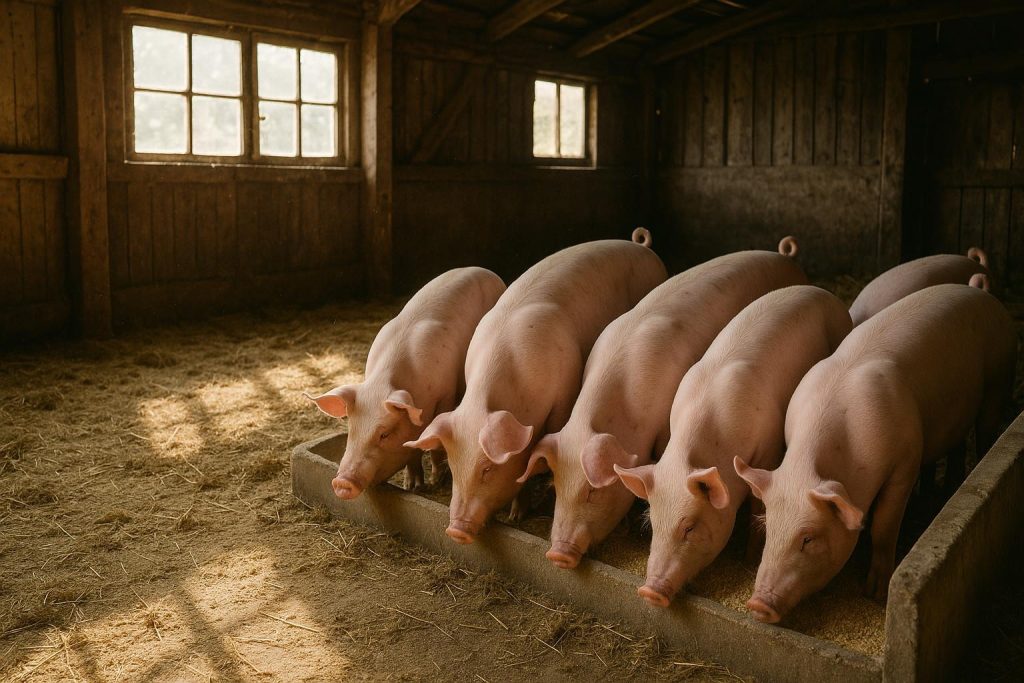 Pigs in a barn feeding on mineral feed blends for smoother growth transitions.