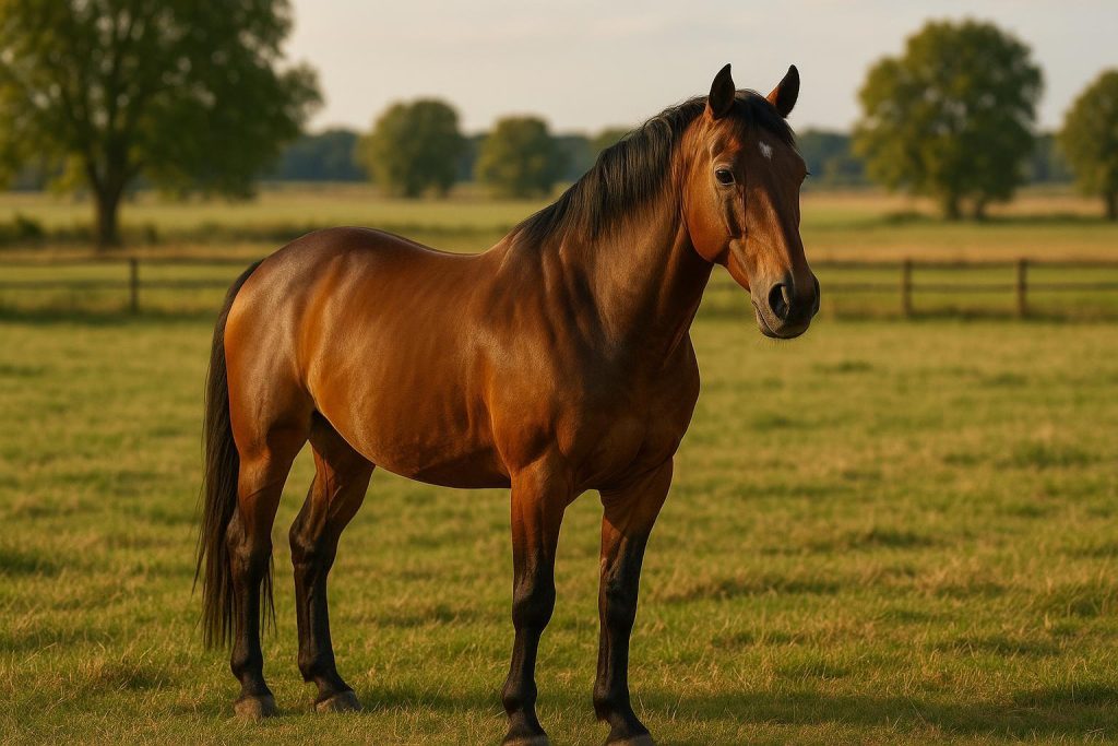 Healthy bay horse in a sunlit pasture, reflecting LipiGain Horse benefits for inflammation.