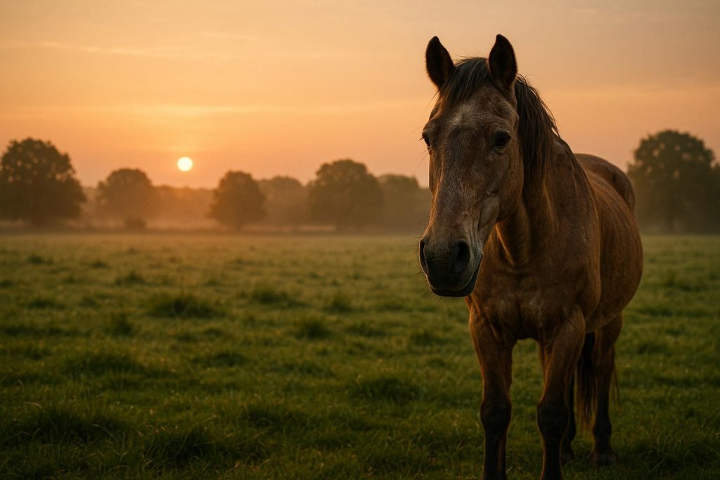 Older horse in a green pasture, illustrating improved horse health.
