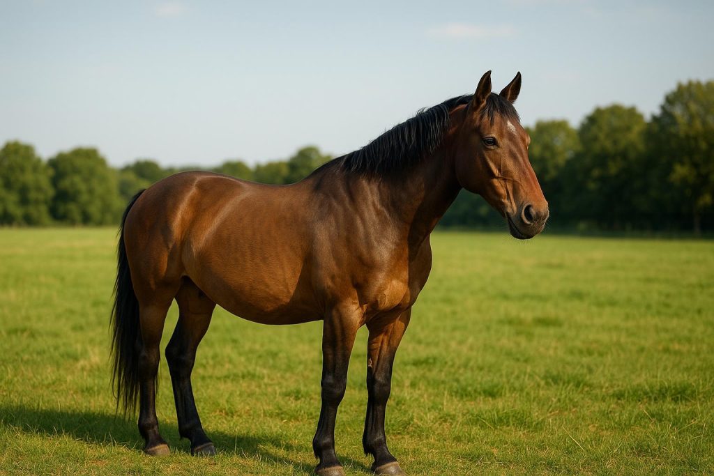 Calm horse in a pasture, illustrating horse health and equine feed supplements.