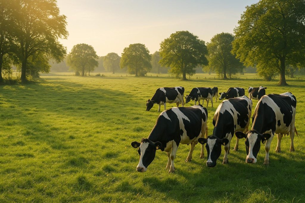 Sunlit farmland and healthy dairy cows, illustrating omega-3 benefits.