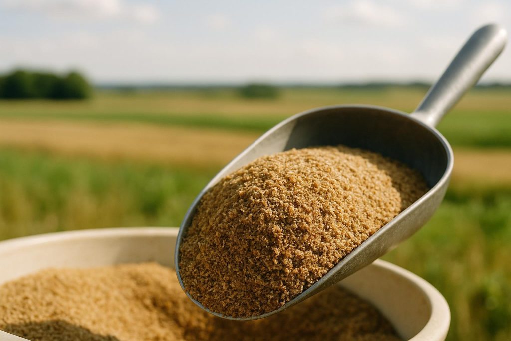 Scoop of milled flaxseed representing omega-3 feed additive