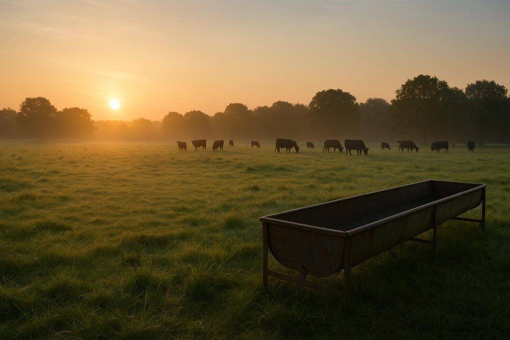 Farm cattle near a feed trough featuring an Omega-3 animal feed supplement.