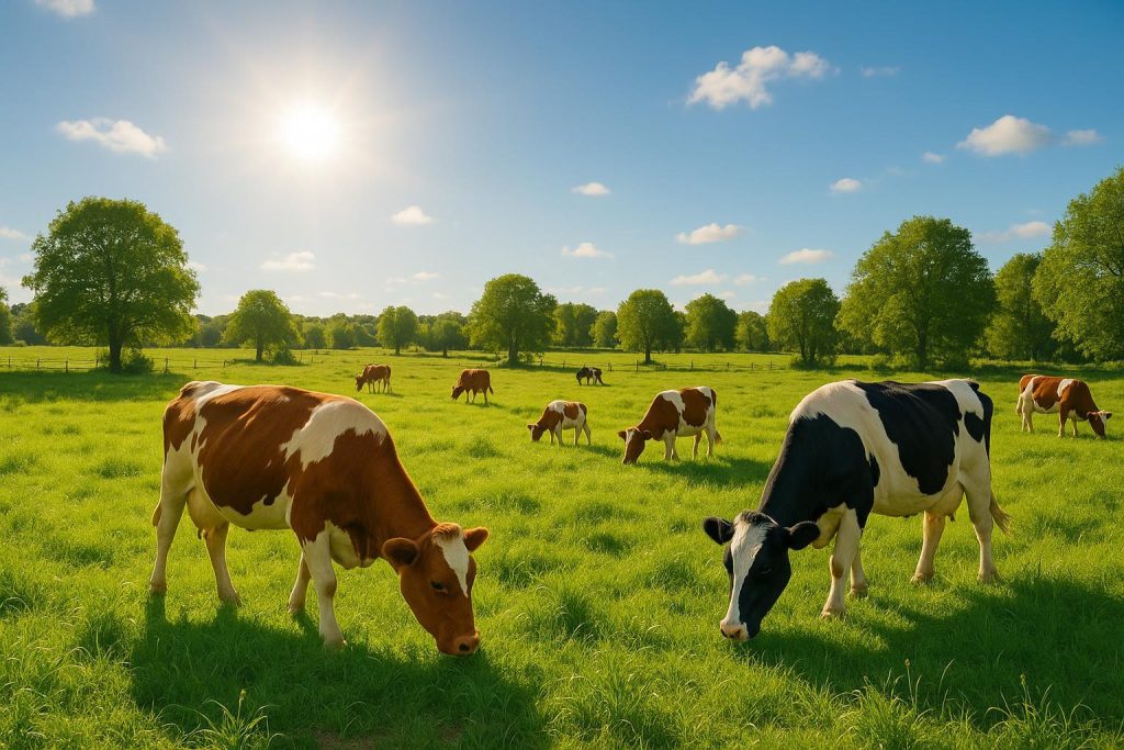 Healthy cows grazing in a sunlit field illustrating omega-3 benefits.