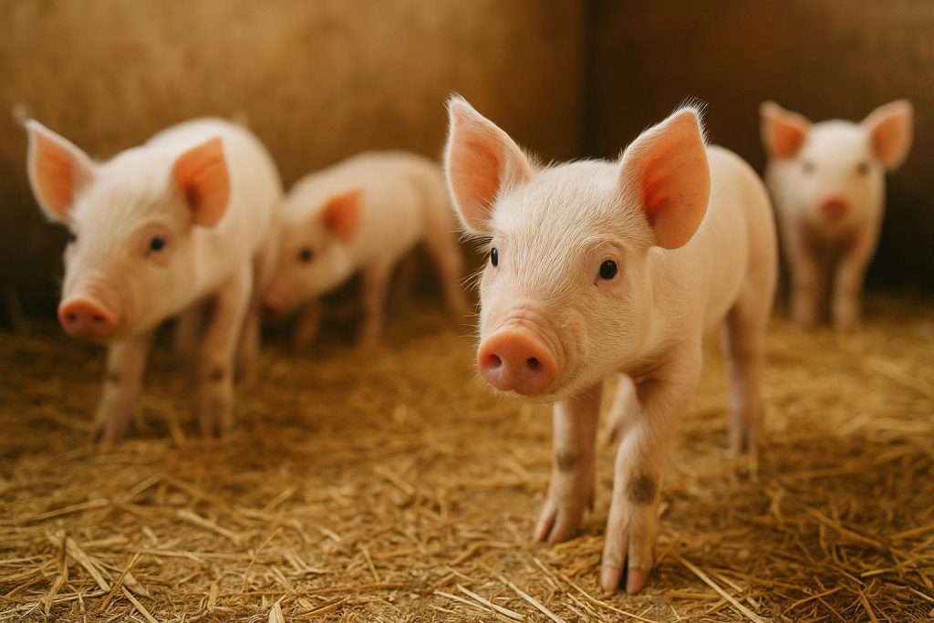 Newly weaned piglets in a pen, illustrating a weaner feed strategy to reduce stress.