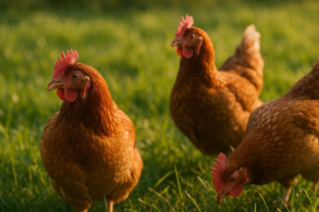 Healthy chickens foraging outdoors, illustrating robust immune support.